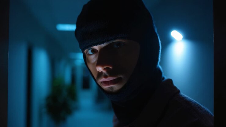 A Mysterious Figure in a Dimly Lit Hallway: The Intriguing Presence of a Man Wearing a Balaclava, Shrouded in Shadows and Uncertainty, Evokes Suspense