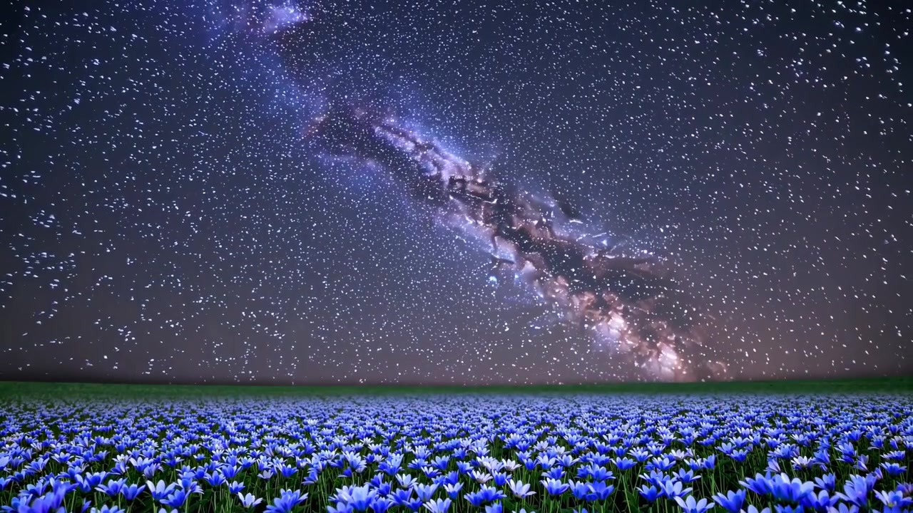 Milchstraße über einem Feld blauer Blumen bei Nacht