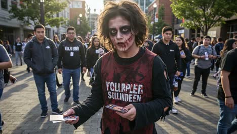 a group of people walk through a lively street scene, featuring a young individual in zombie makeup, dressed in a volunteer shirt, engaging with event participants and handing out materials