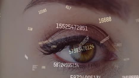 animation of data processing over eye of caucasian woman