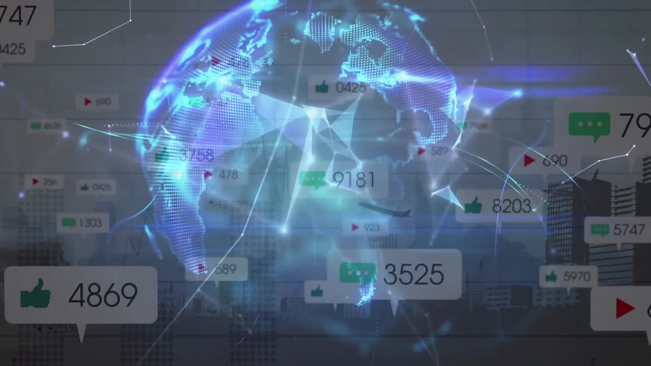 전 세계, 소셜 미디어 아이콘 및 연결 네트워크의 애니메이션