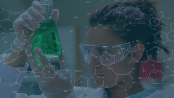 Animation of molecules over biracial female scientist in lab