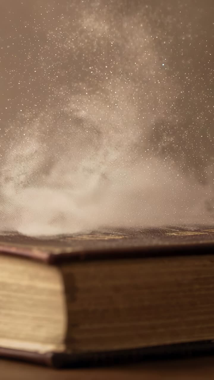 Video verticale: Libro dalla copertina rigida usurata che si solleva, rilasciando una nuvola di polvere dalle pagine invecchiate su un tavolo, seppia.