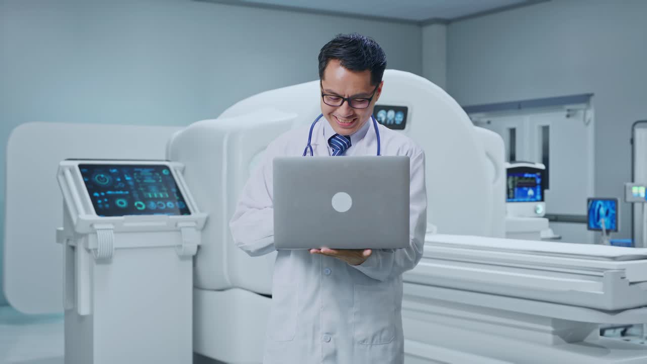 Asian Male Doctor Typing On A Laptop And Smiling With MRI Machine In The Hospital