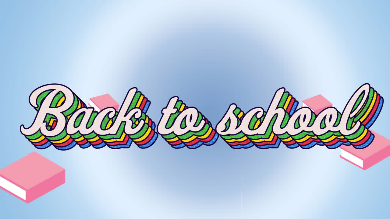 파란색 배경에 있는 학교 아이템 아이콘 위에 있는 학교로 돌아가는 텍스트의 애니메이션