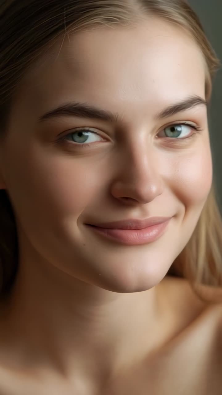 Video verticale: Donna che ammicca dopo una segnalazione, sorride in studio, a spalle scoperte con un sorriso con le fossette.