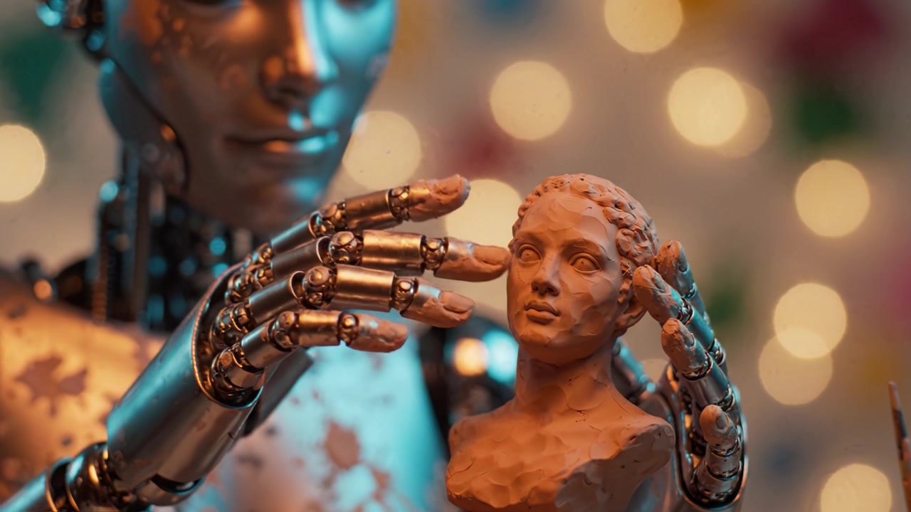 Un robot scultore che perfeziona un busto d'argilla: la fusione di tecnologia e arte in un affascinante processo creativo che mostra precisione e immaginazione.