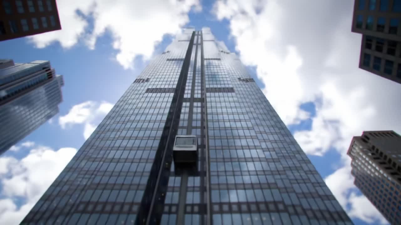 A Stunning View of a Towering Skyscraper Against a Bright Blue Sky, Captured from Ground Level, Showcasing Its Imposing Architecture and Modern Design Features