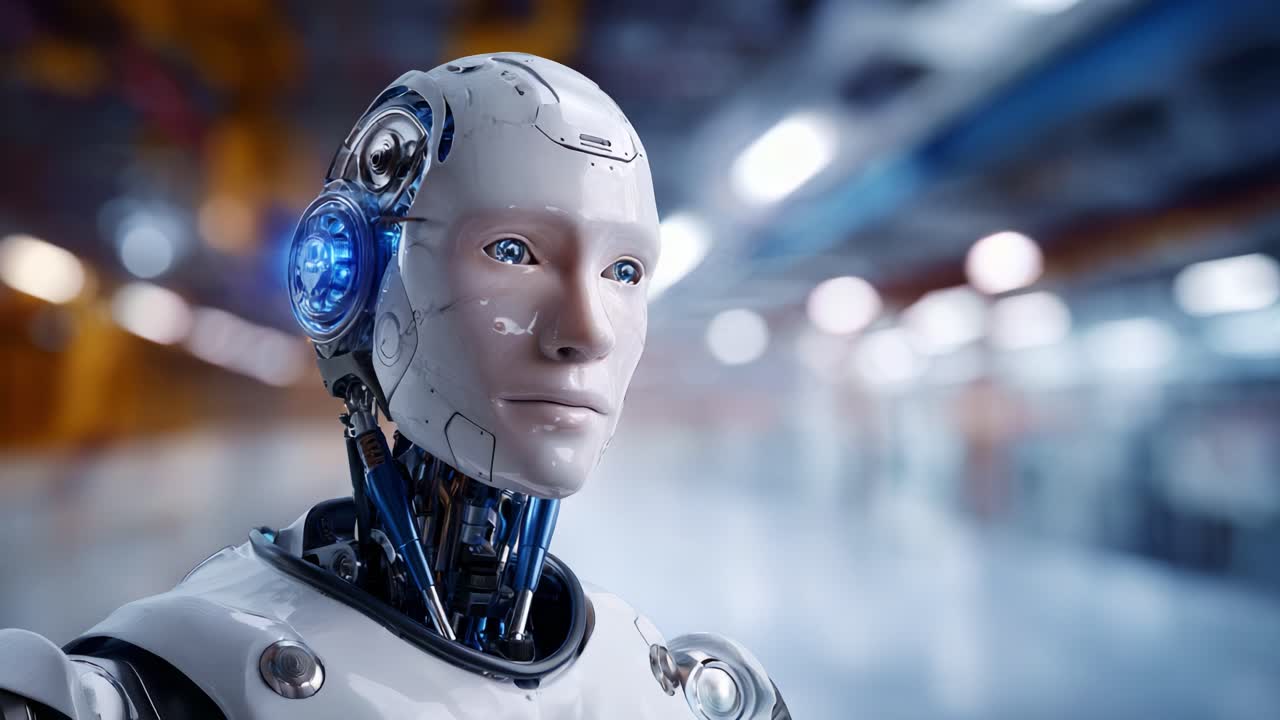 Karmaşık bir tasarıma, parlayan öğelere ve detaylı bir yüze sahip, modern bir ortamda geleceğin teknolojisini sergileyen gelişmiş insansı robot
