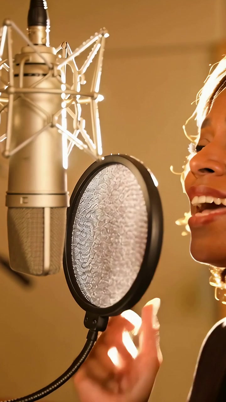 Video verticale: Cantante con top scuro che si sporge verso il microfono e il filtro anti-pop in studio, controllando l'auricolare.