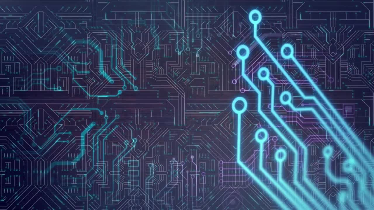 animación del procesamiento de datos en una placa de circuito luminoso de computadora
