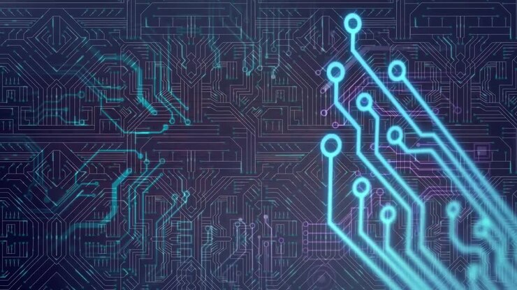 Animation of data processing on glowing computer circuit board