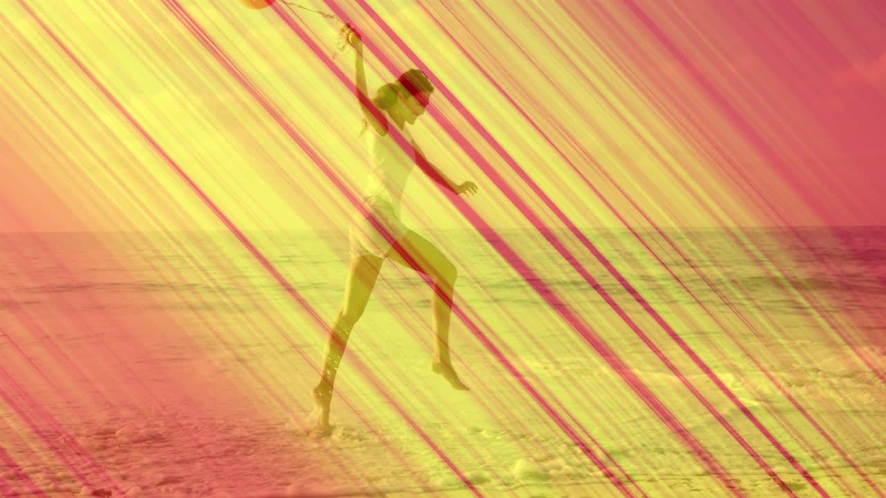 Woman tossing beach ball and breaking into jog on sand, yellow pink streaks tinting for marketing