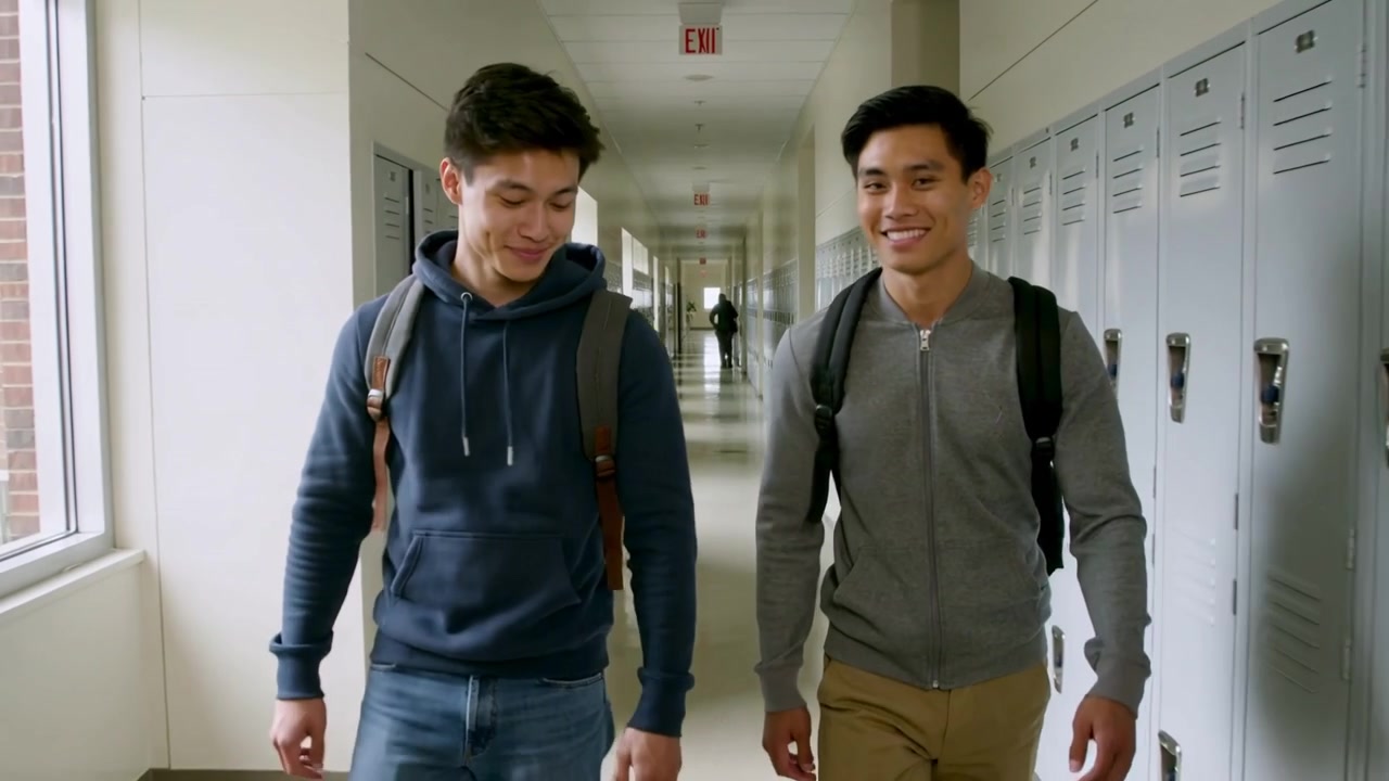 Walking two teens talking in navy hoodie gray jacket with backpacks between classes in school hall