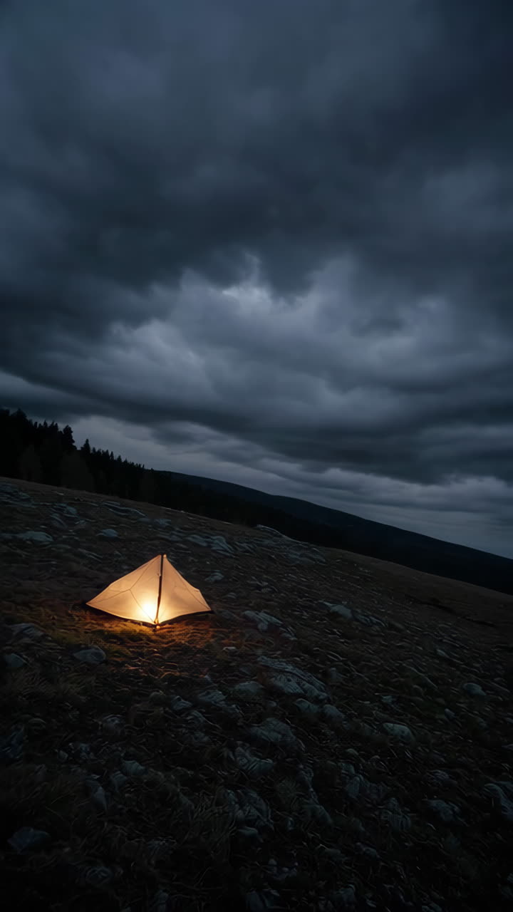 Dark and Stormy Mountain Landscape with Tent