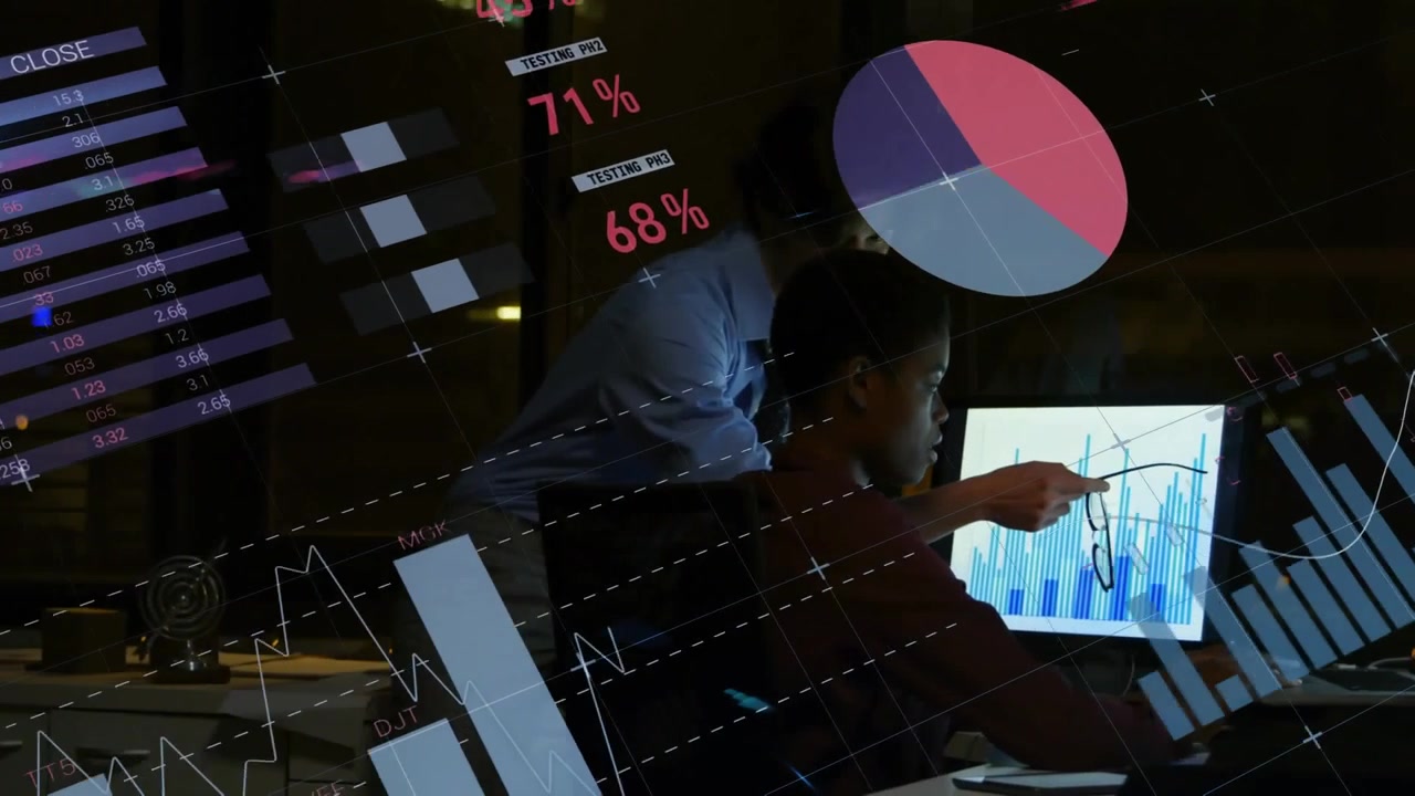 Animation of statistical data processing against diverse man and woman discussing at office