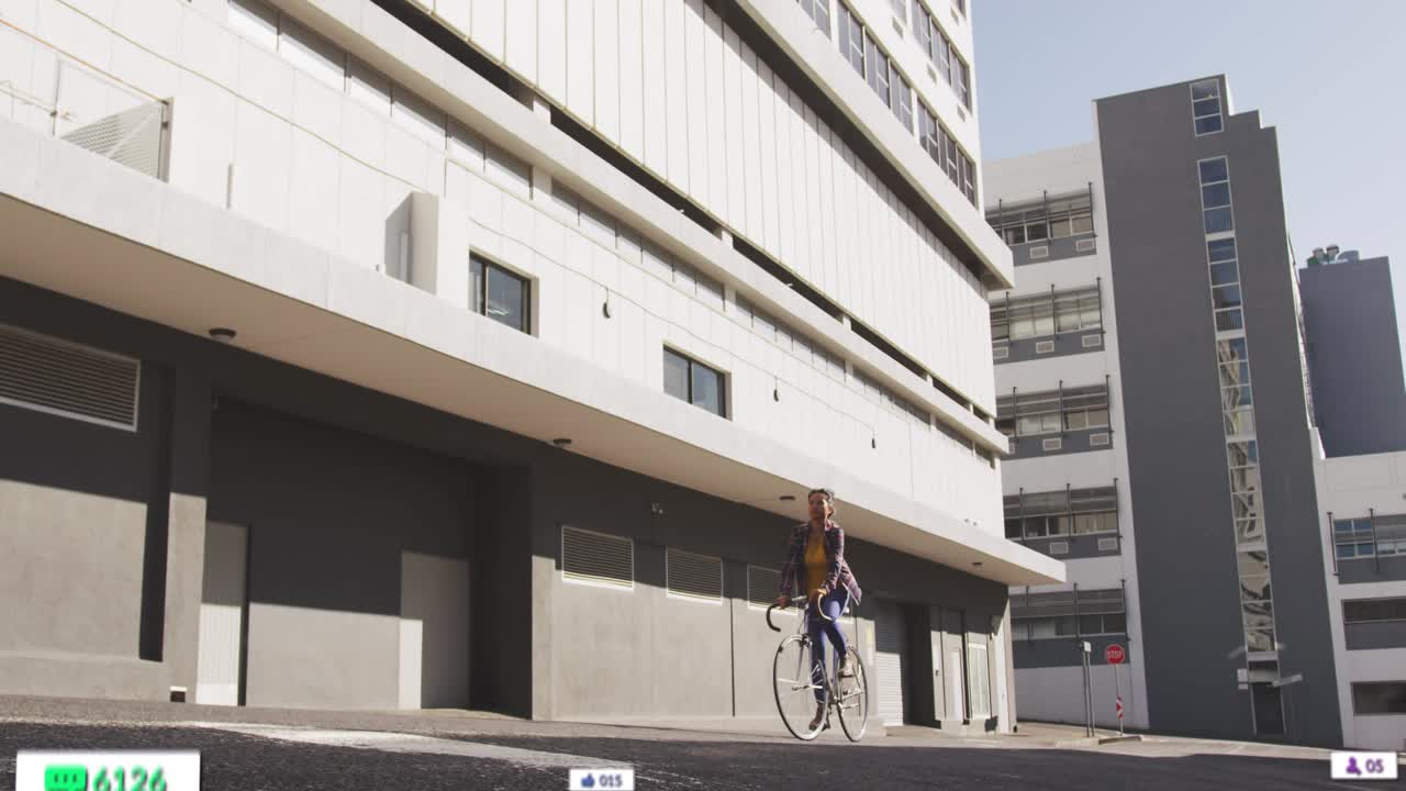 Female cyclist pedaling to center as AR badges clustering on facade and near bicycle for marketing