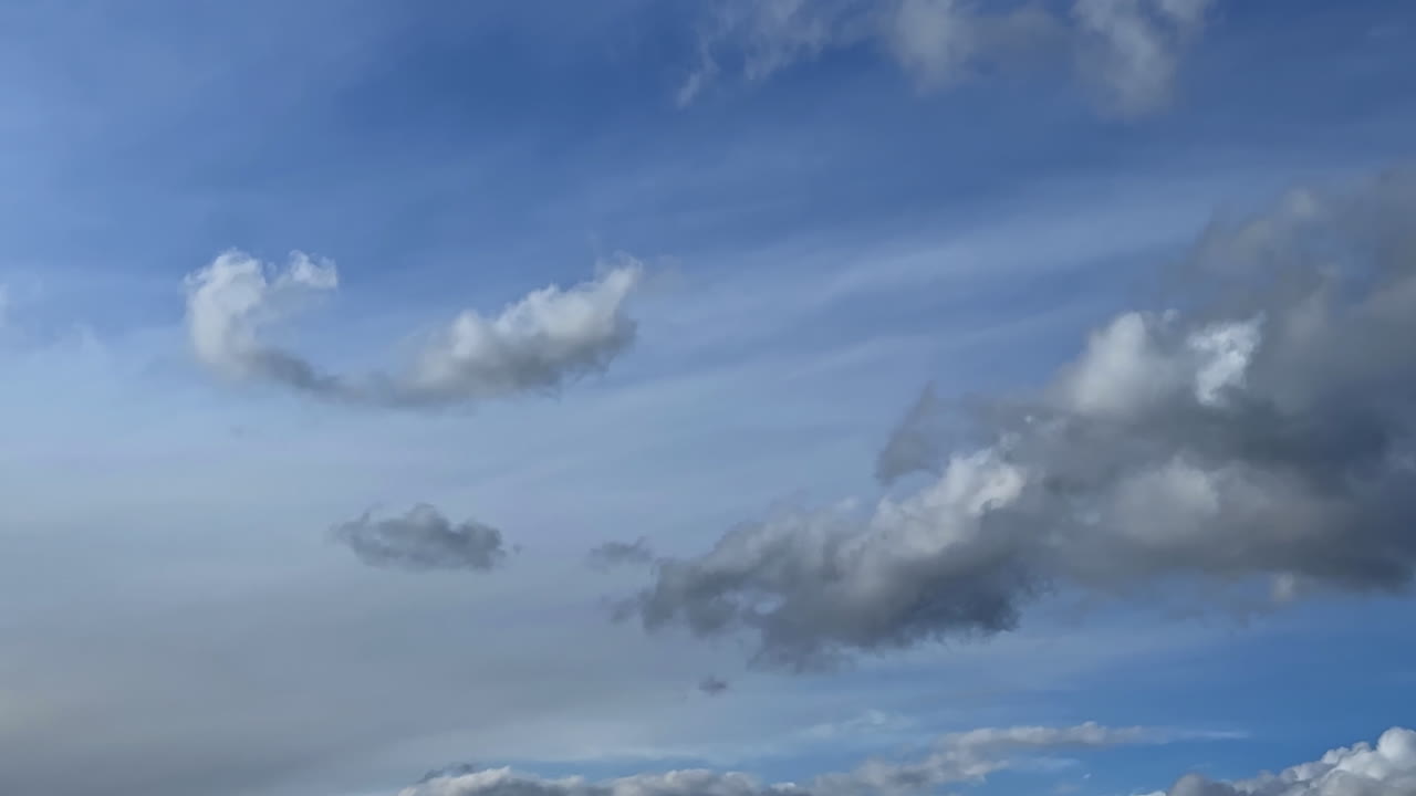 Diverse types of clouds in the blue sky. Cloudscape transformation in the atmosphere