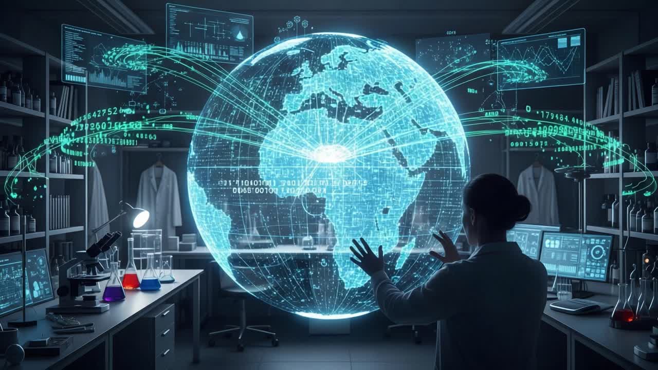 Uno scienziato che interagisce con una mappa globale olografica in un ambiente di laboratorio high-tech, che mostra visualizzazioni di dati avanzati e tecnologie interattive