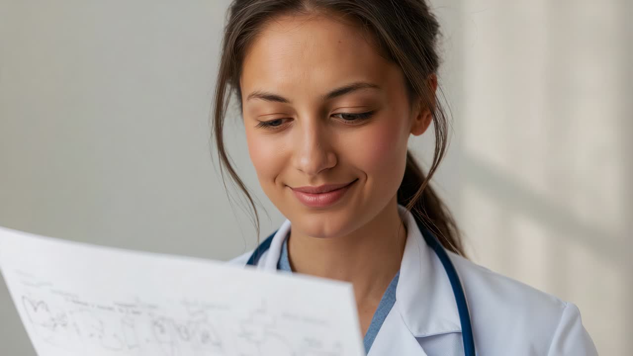 Acercando el papel a la vista, médico revisando marcas en la clínica, con estetoscopio y bata de laboratorio