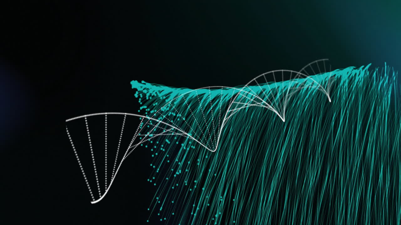 Animation of dna strand spinning over glowing green light trails on black background