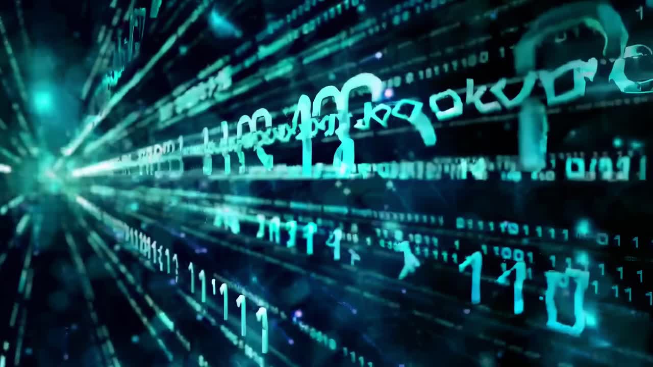 Dynamic video of binary code in motion, angled perspective, futuristic digital theme