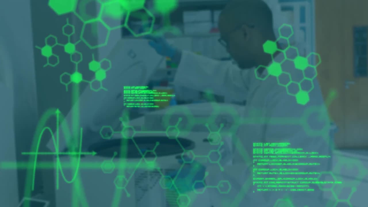 실험실에서 아프리카계 미국인 남성 과학자에 대한 과학 데이터 처리 애니메이션