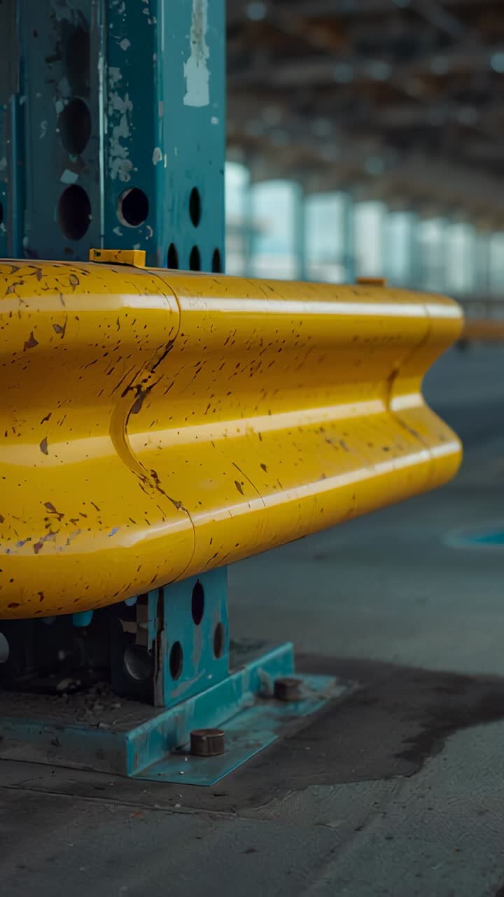 Vertical video: Sliding camera revealing yellow guardrail at parking bay, highlighting teal column