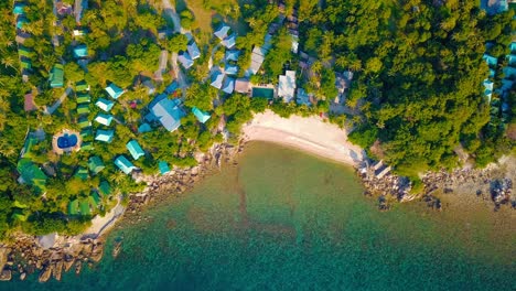 4k drone footage of the beach at mae nam on koh samui in thailand, including beachfront resorts with beautiful clouds in the sky and crystal teal water