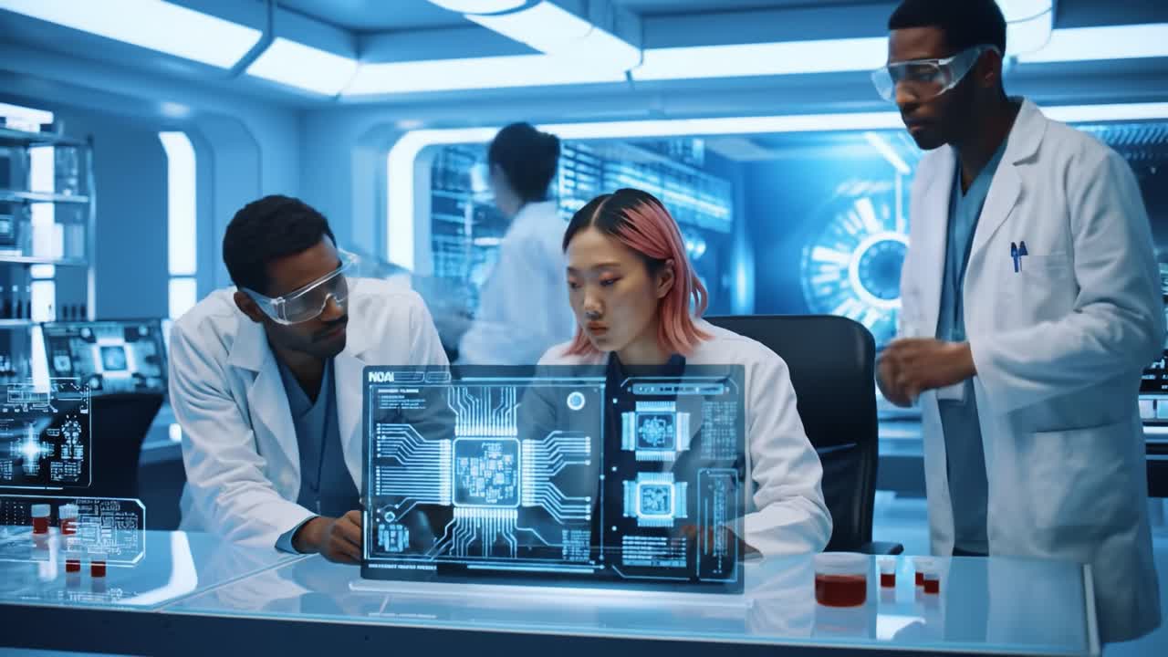 A team of researchers collaborates in a high-tech laboratory. They analyze holographic data and discuss innovations while surrounded by cutting-edge equipment and screens.