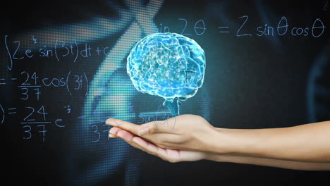 Floating digital brain hologram with animation and math equations in background