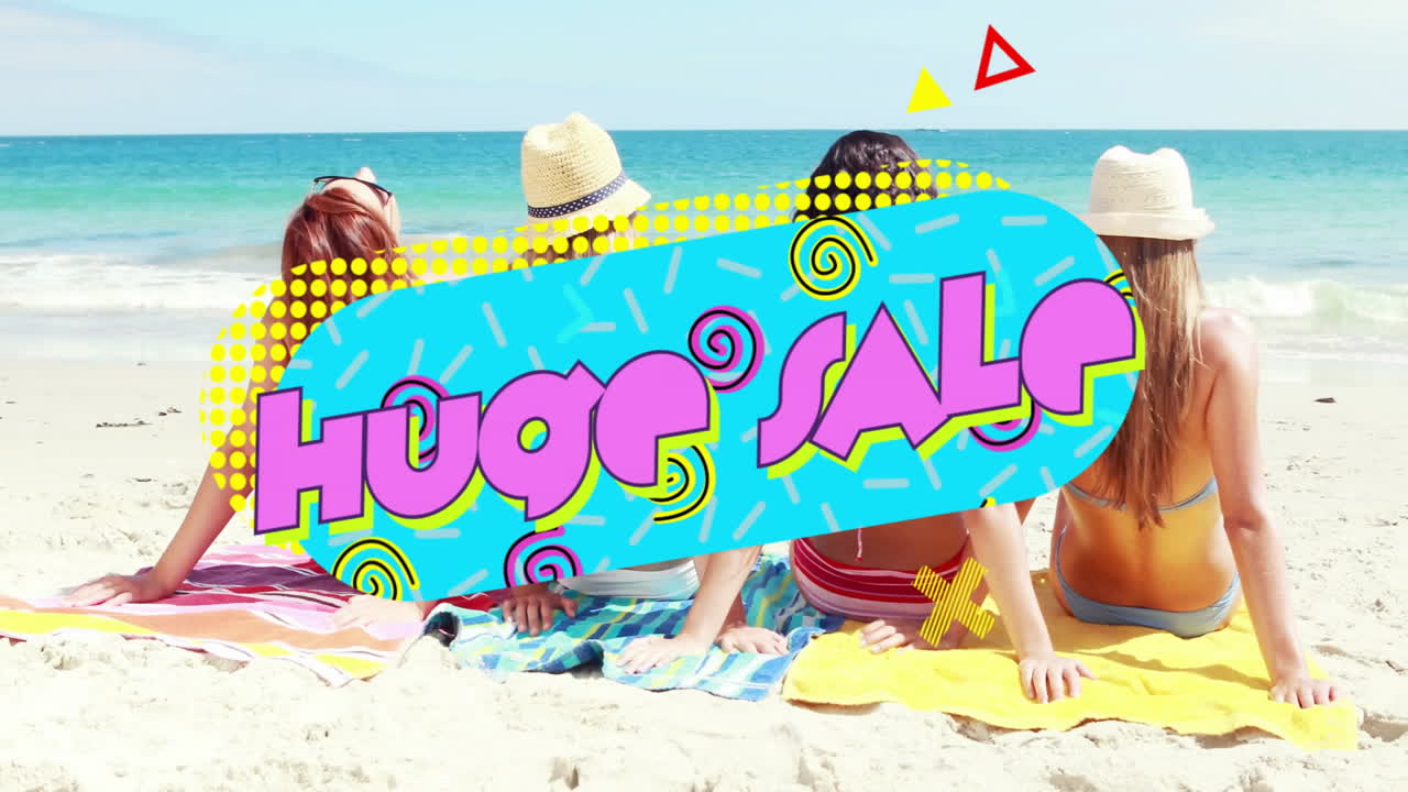 People sitting on beach with colorful Huge Sale text animation overlay