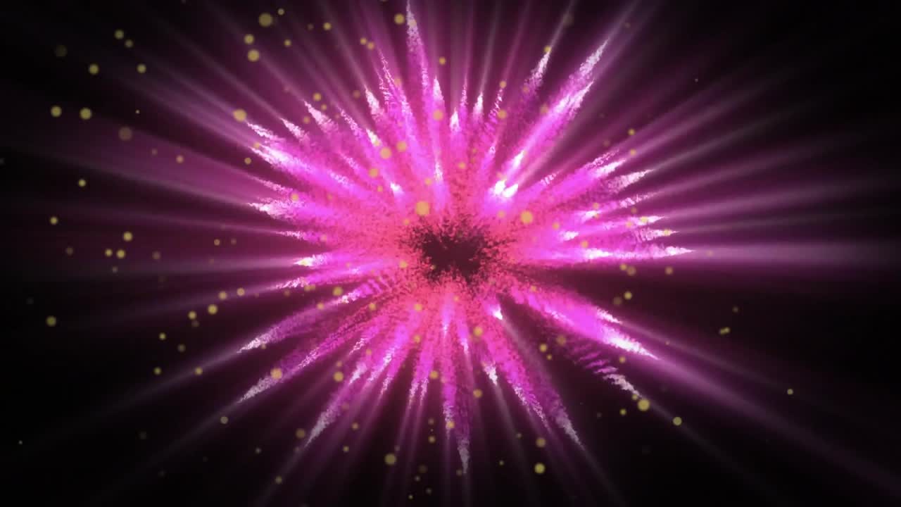Initial dark core emitting radial pink beams with golden specks drifting outward in pulsing loop