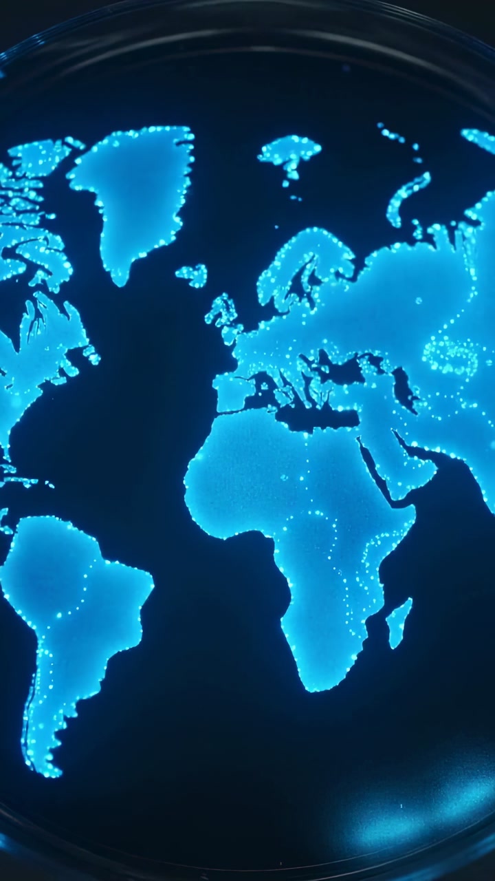 Vertical video: Pulsing globe map after LED sequence, showing Atlantic in dark, LED dots and rim