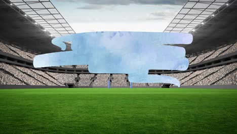 Animation-of-blue-squiggle-with-copy-space-over-sports-stadium