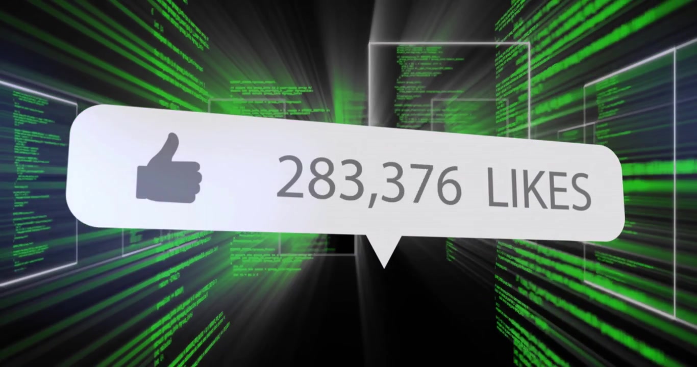 On start bubble showing 658 LIKES floating through digital corridor, updating counts showing growth