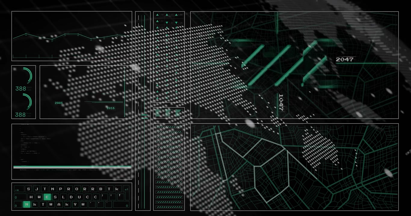 Animation of financial data processing and statistics over black background