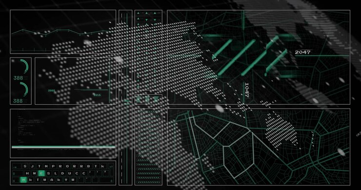 Animation of financial data processing and statistics over black background