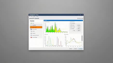 interactive diagnostic tool interface showing graphical data trends and analysis metrics for hazards, featuring multiple color-coded line graphs and interactive options