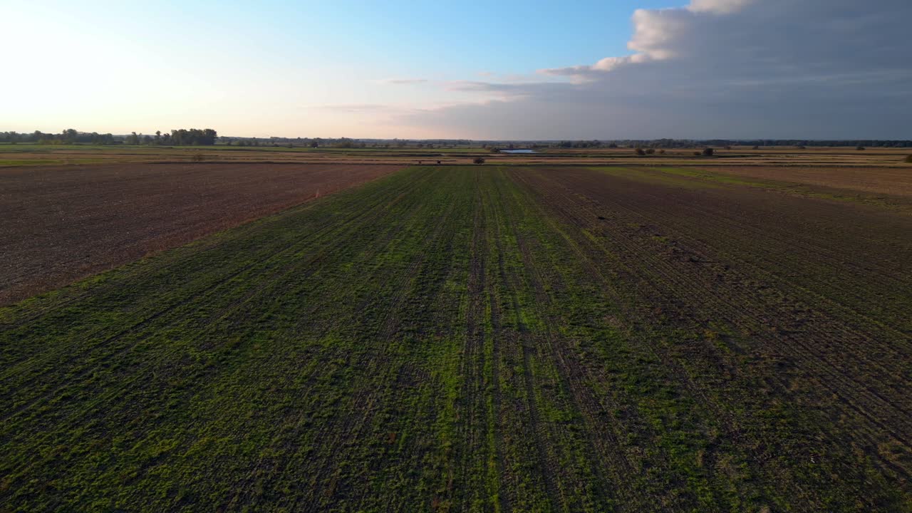 over fertile plain with cultivated fields, a river and a forest in the distance, bathed in the warm light of the setting sun. Majestic aerial view flight dolly left drone