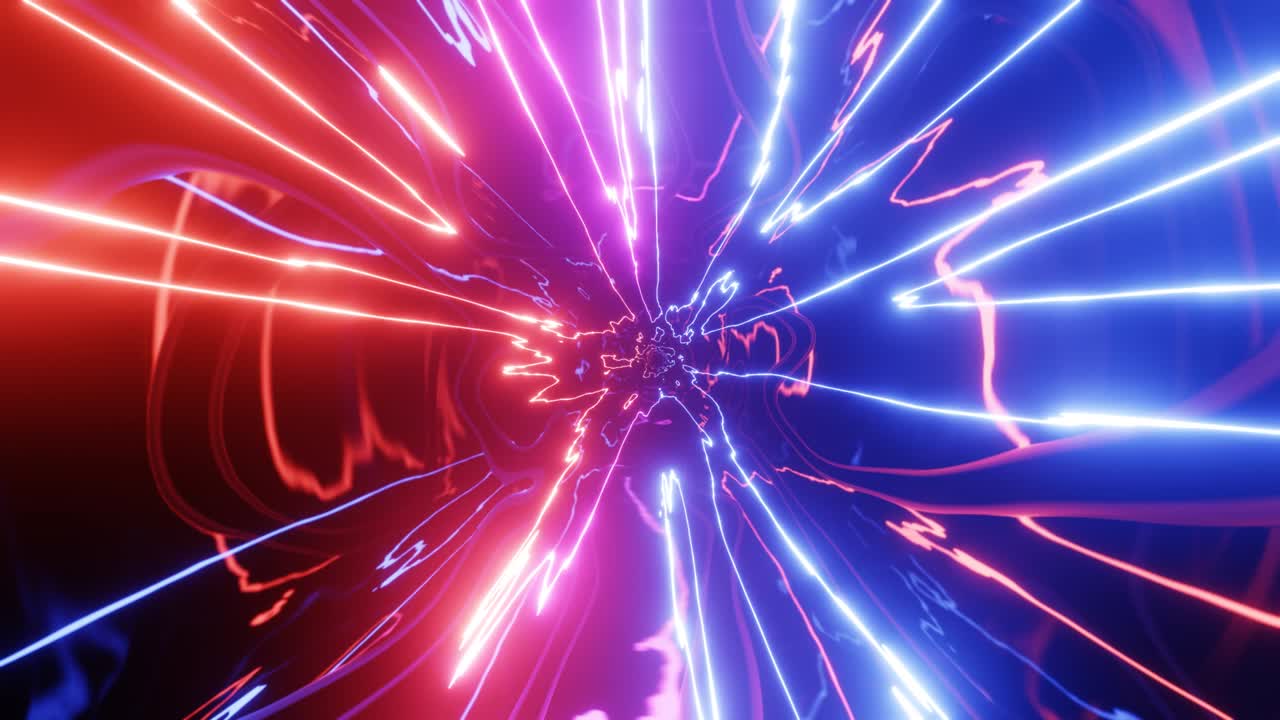 hi-tech neon sci-fi tunnel. linee di luce al neon alla moda formano modello e costruzione in tunnel a specchio. modello al neon, segnale. volare attraverso la tecnologia cyberspace. 3d looped seamless 4k background giovanile luminoso