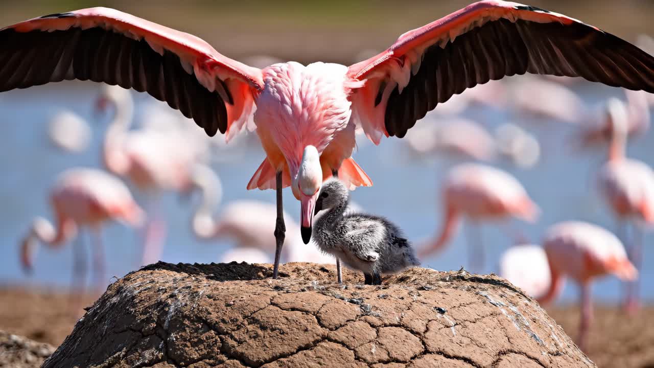 Flamingo and chick in nest