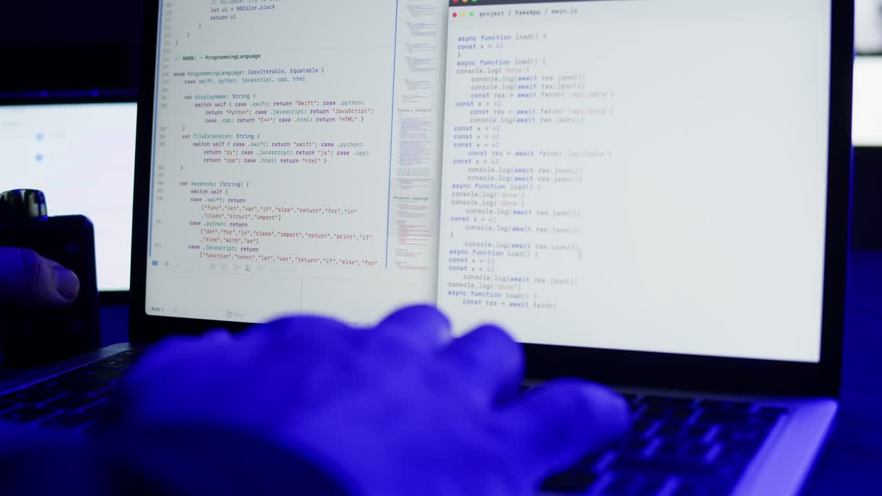 Nærbilde av hender som skriver kode på et laptop-tastatur i et mørkt rom