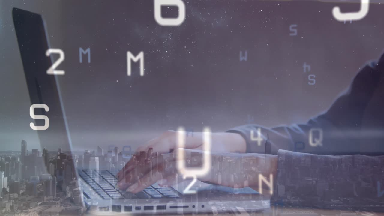 노트북과 도시 풍경을 사용하여 백인 여성의 손으로 데이터 처리의 애니메이션