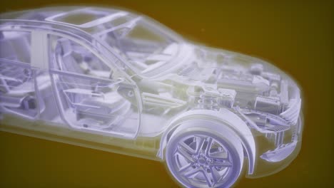 엔진이 있는 3d 와이어프레임 자동차 모델의 홀로그래픽 애니메이션