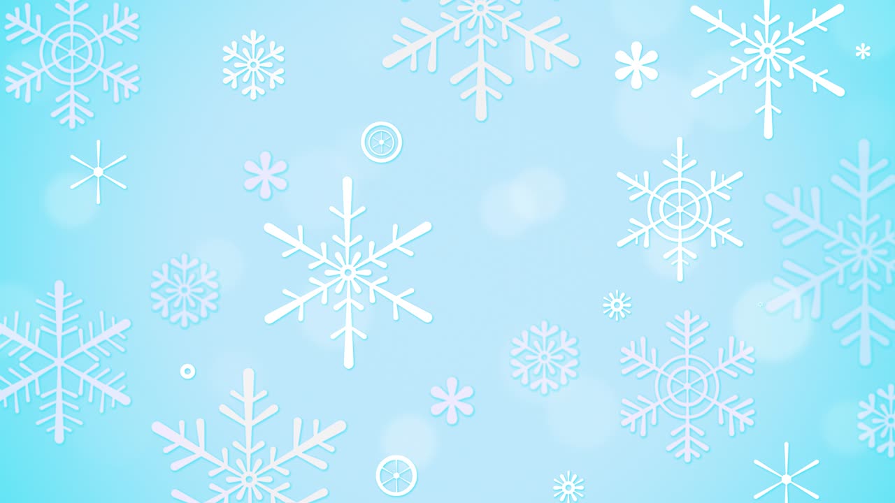 brillo brillante con copos de nieve congelados en un fondo azul con bokeh. bucle de invierno de fondo de navidad, feliz navidad y vacaciones de año nuevo. animación 4k