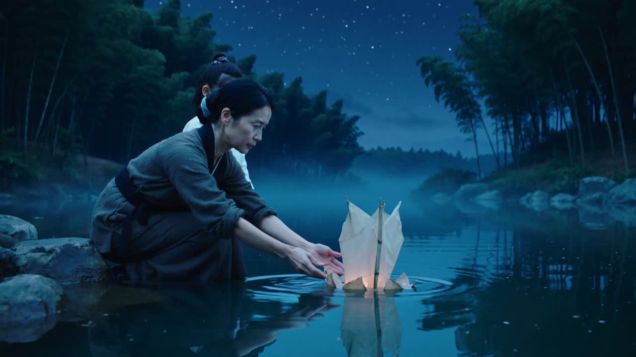 Wanita berjubah bersama anak menurunkan dan menstabilkan lampion kertas ke air danau, melepaskannya mengapung