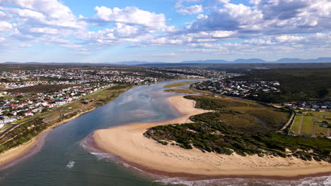 aerial view from over ocean of goukou estuarine river mouth in scenic still bay