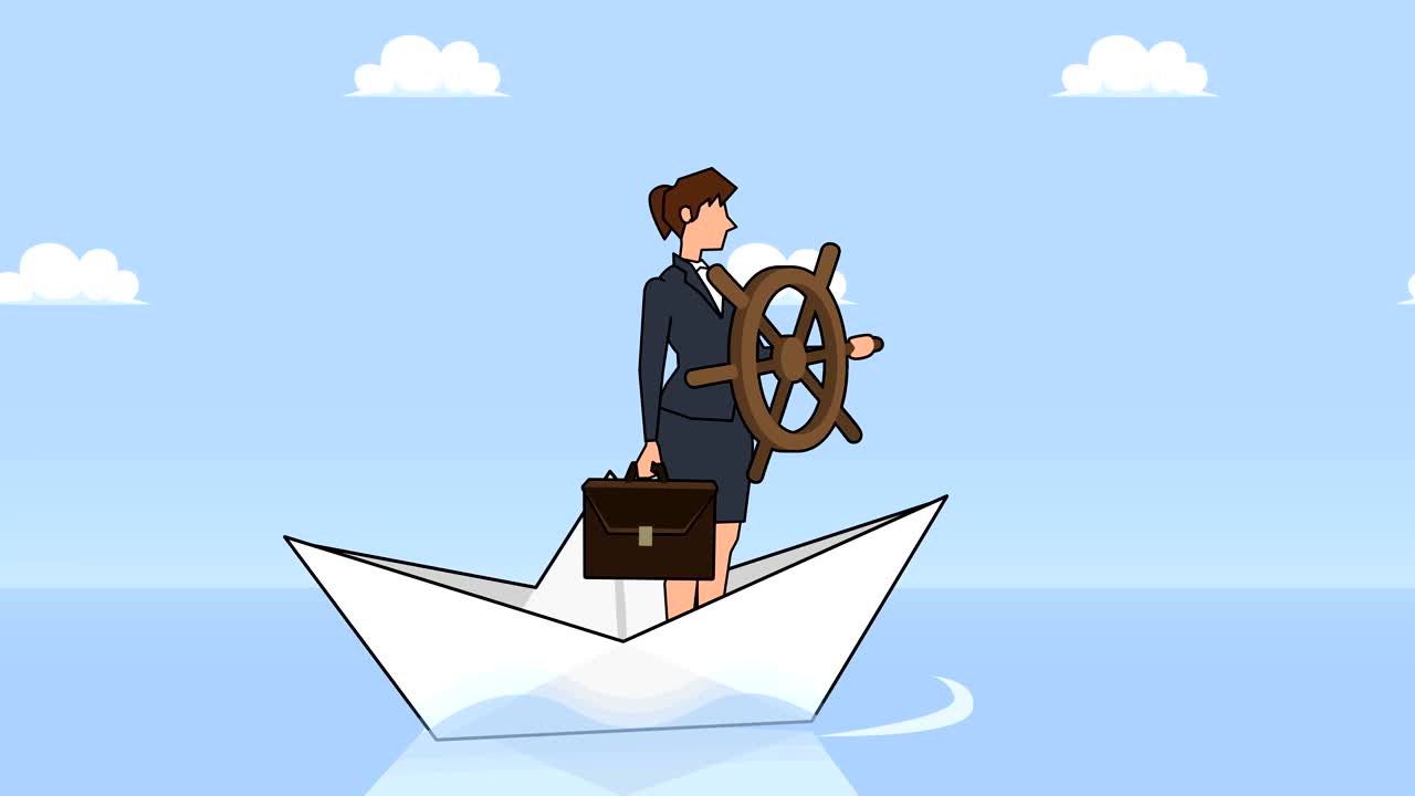 평평한 만화 사업가 캐릭터와  바가 종이 보트에 떠있는 사업 컨셉 애니메이션을 제어합니다.