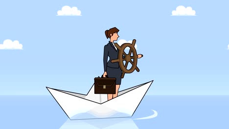 personaje de mujer de negocios de dibujos animados plana con rueda de timón flotando en papel barco negocios control concepto de animación